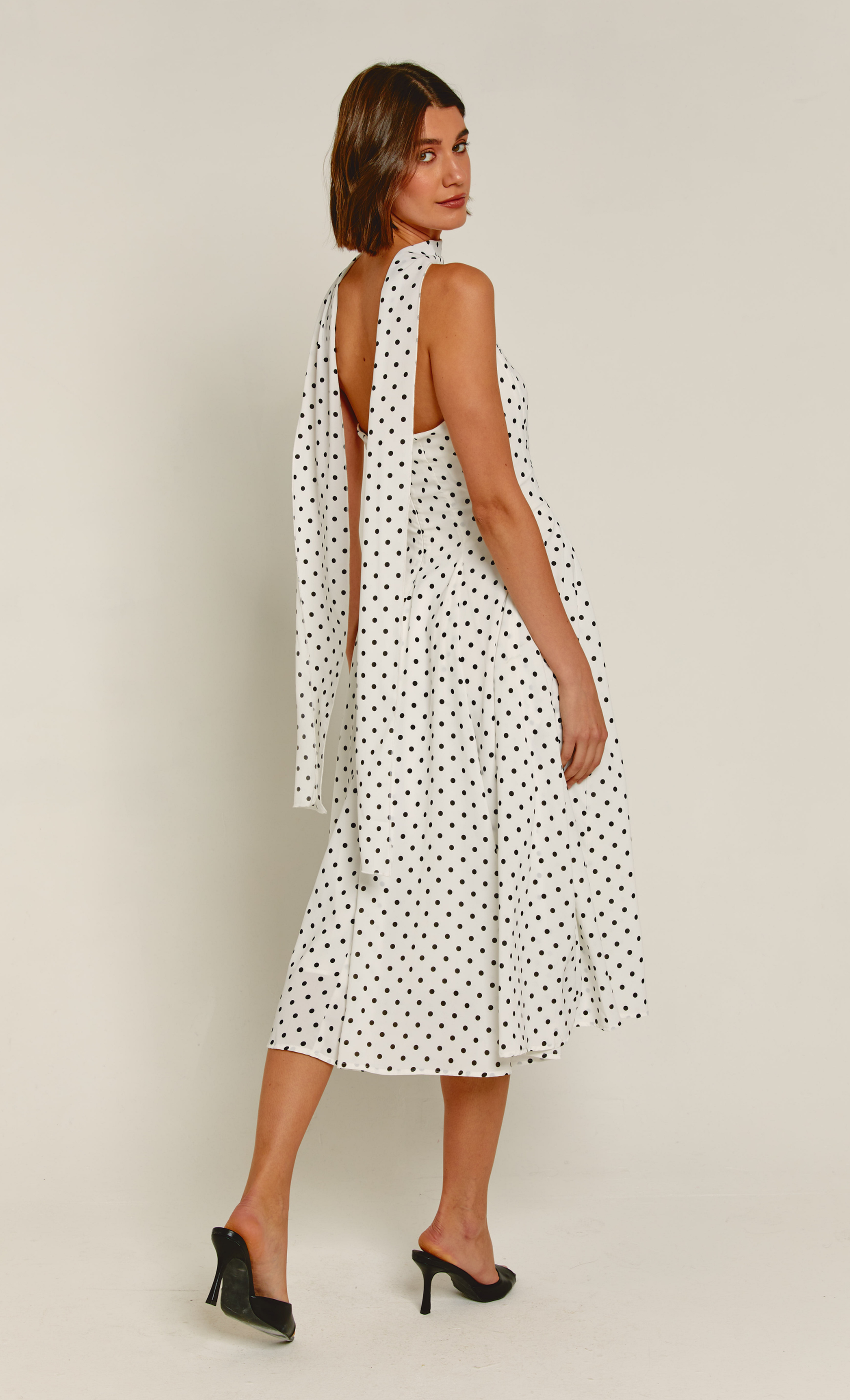 White Polka Dot Scarf Midi Dress