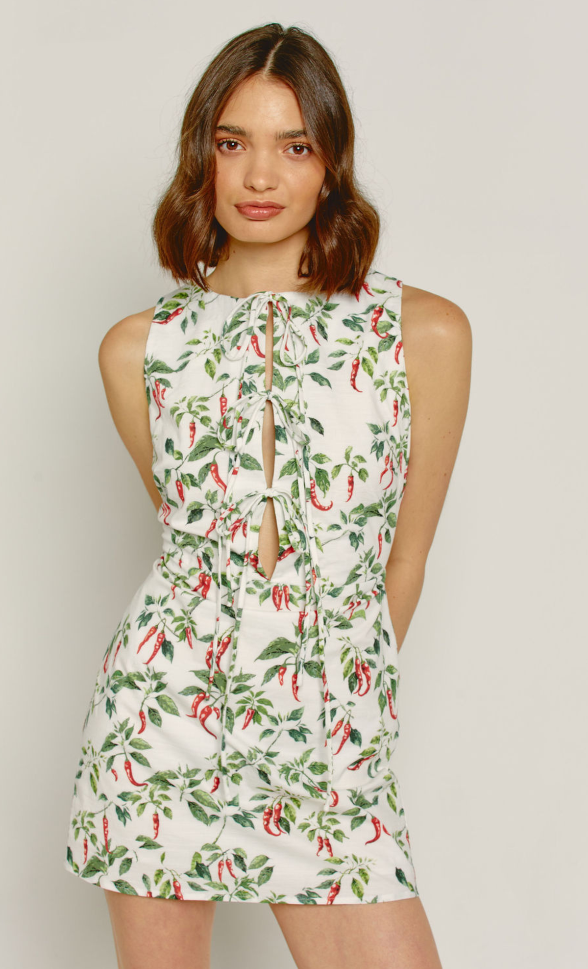 White Chili Print Tie Front Mini Dress