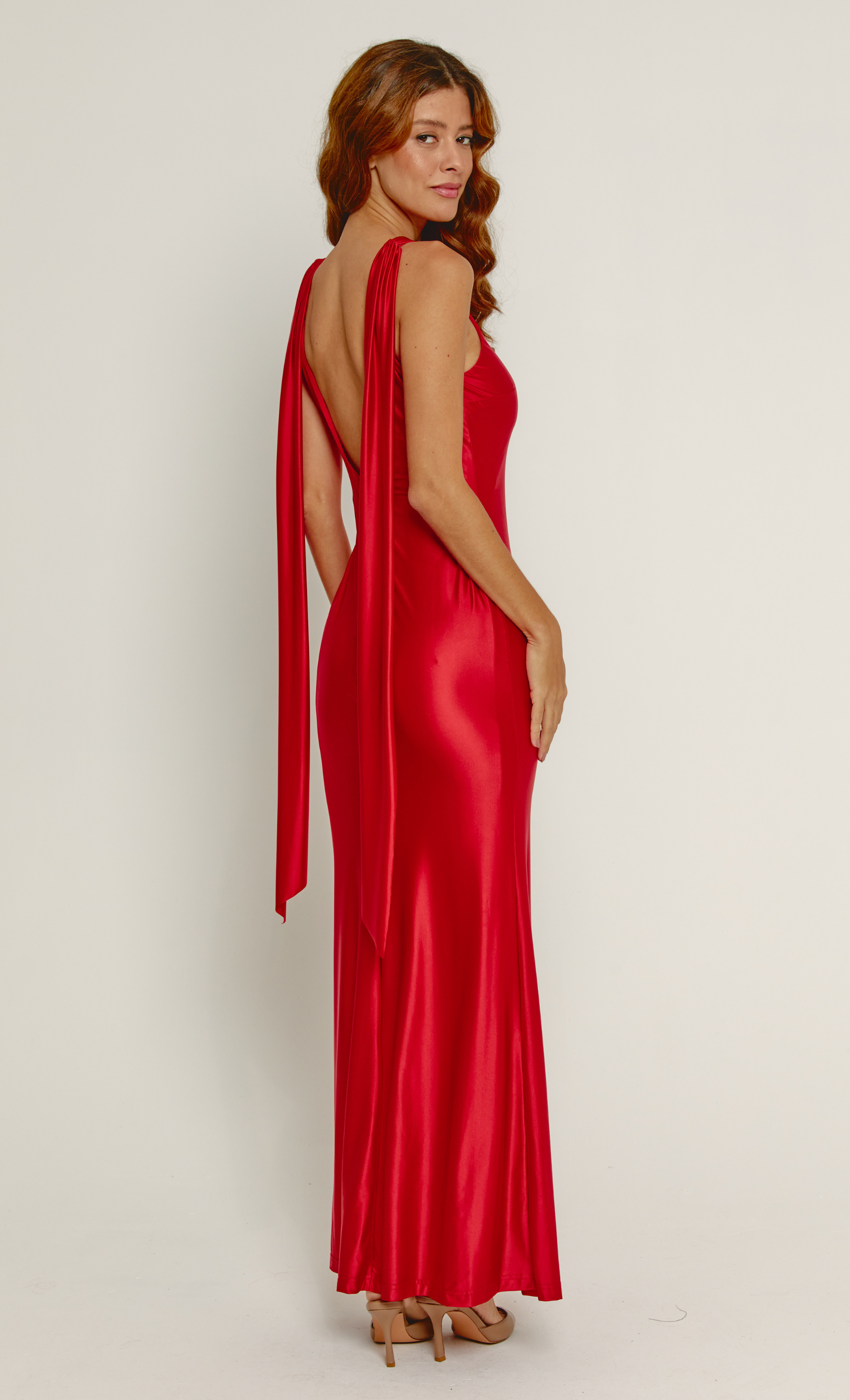 Red Liquid Jersey Scarf Detail Maxi Dress
