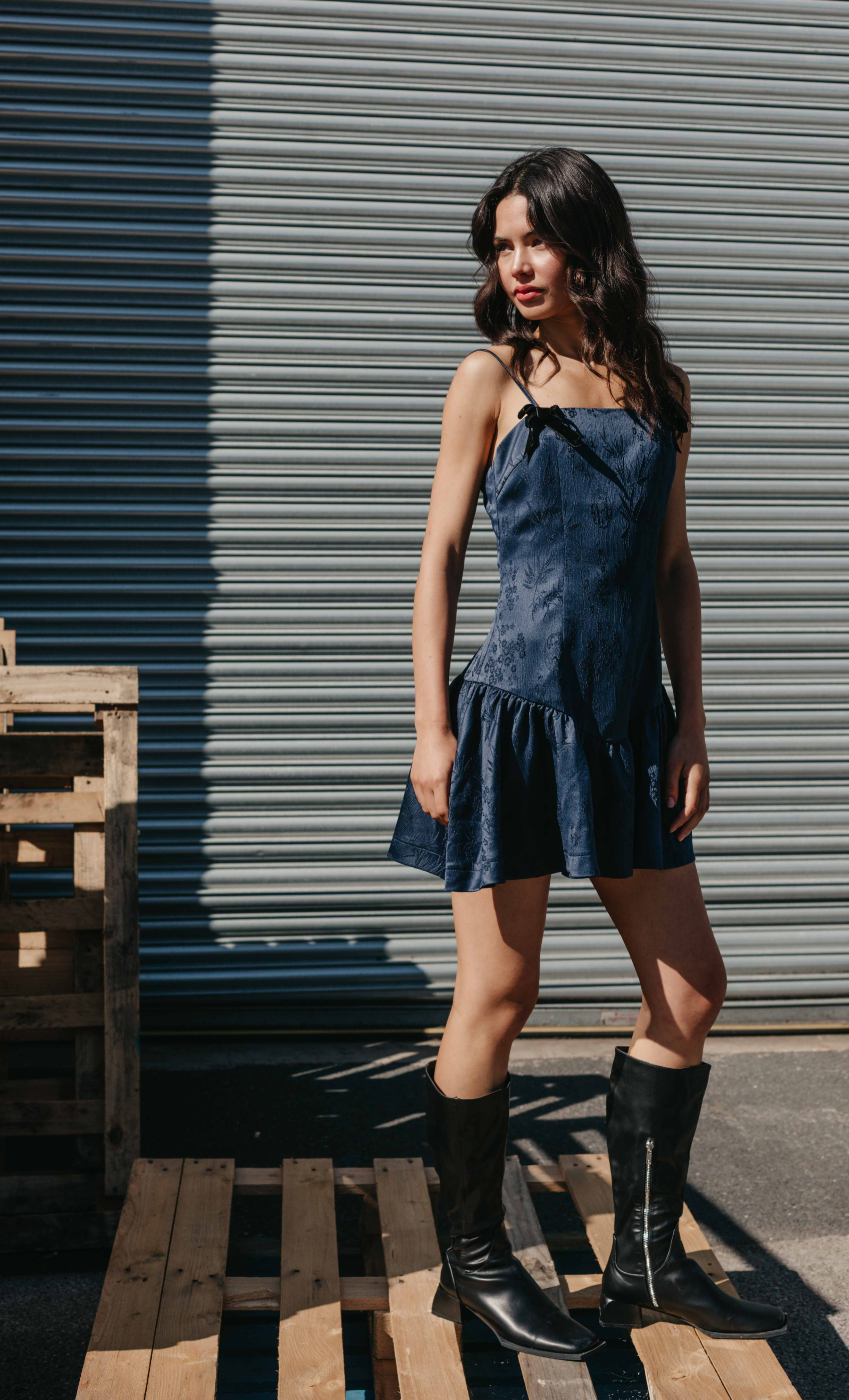 Navy Jacquard Velvet Bow Mini Dress