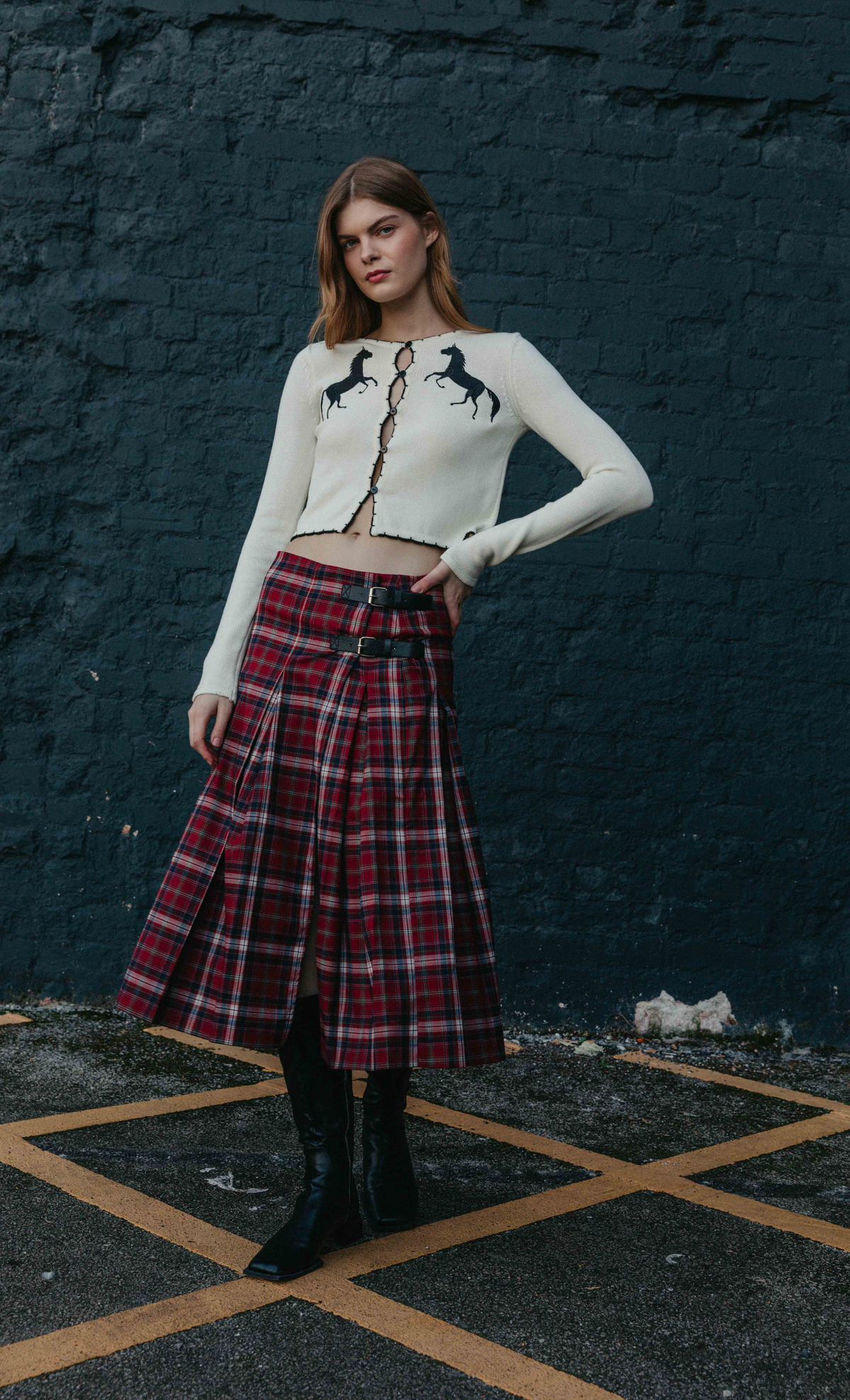 Red Tartan Buckle Detail Midi Skirt