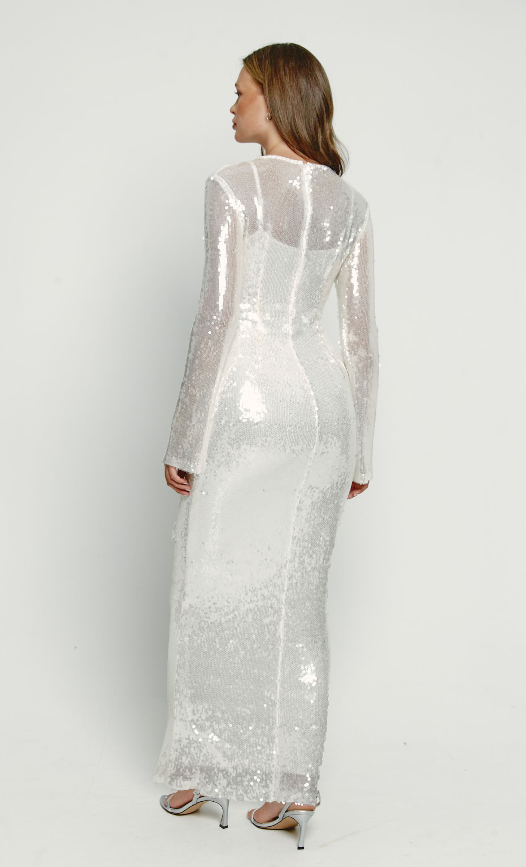 White Sequin Long Sleeve Maxi Dress