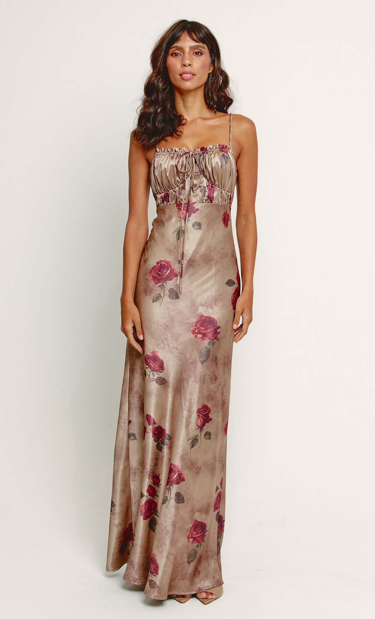 Taupe Floral Satin Drawstring Maxi Dress