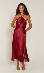 Wine Halter Fringe Midaxi Dress