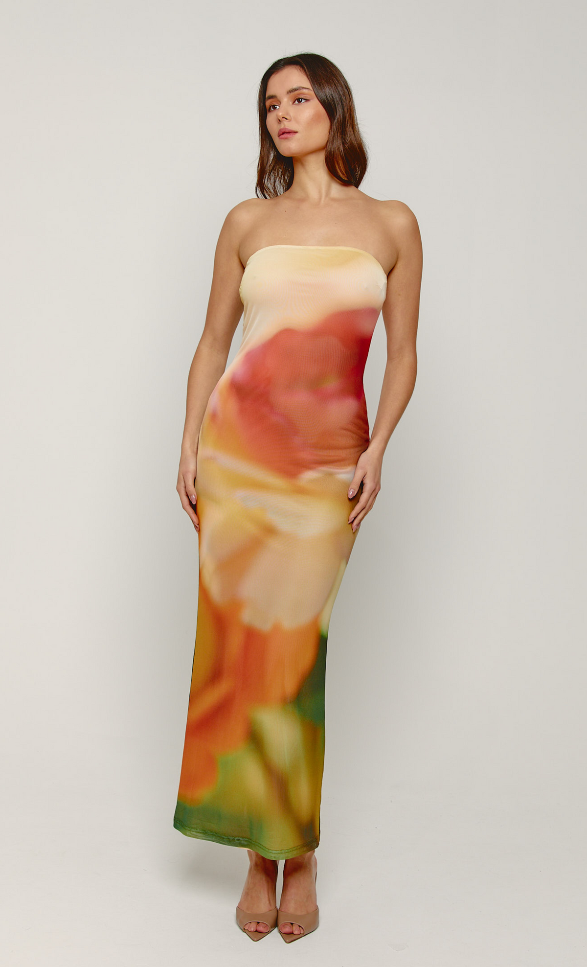 Orange Blur Mesh Flower Bandeau Maxi Dress