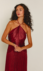 Wine Halter Fringe Midaxi Dress