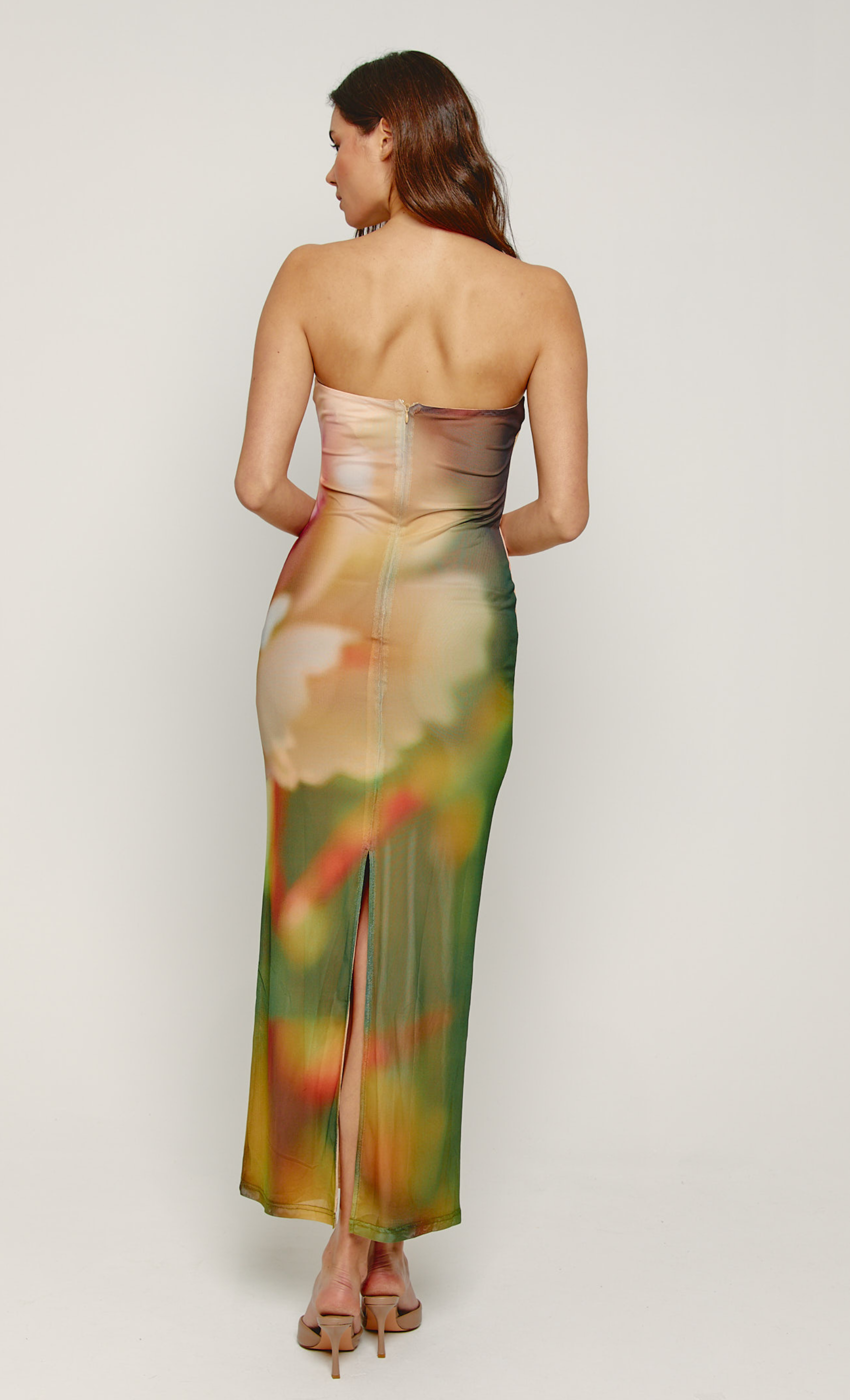 Orange Blur Mesh Flower Bandeau Maxi Dress