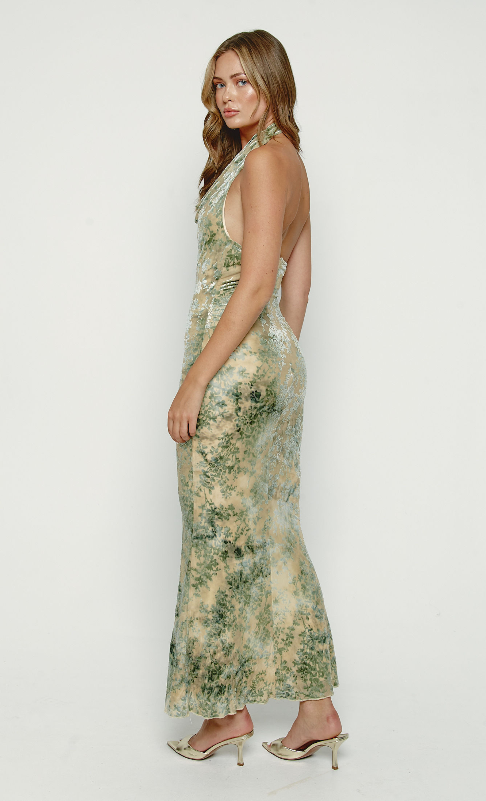 Olive Cowl Neck Devore Maxi Dress