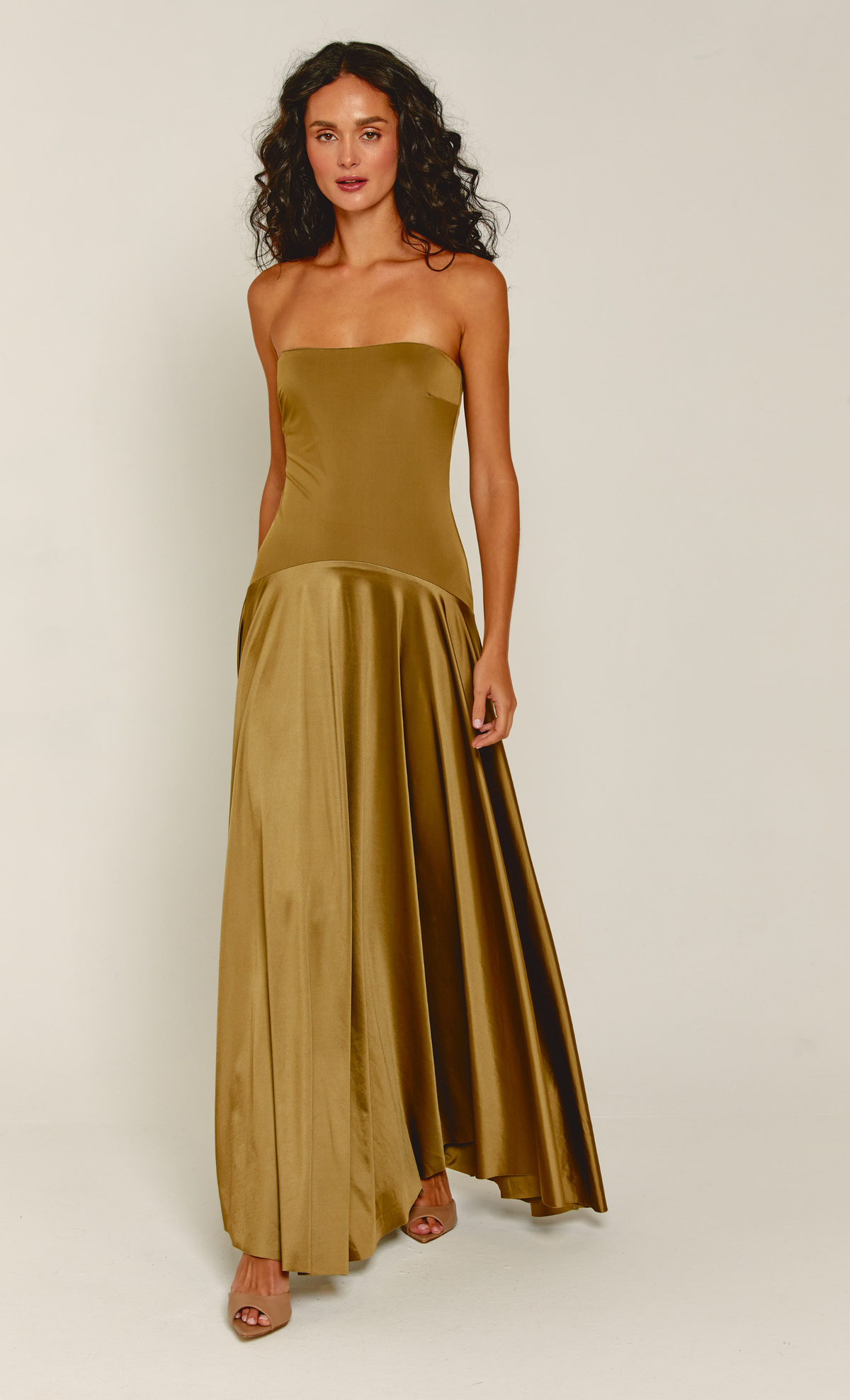 Olive Curved Drop Waist Bandeau Maxi Dress