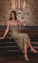 Olive Petal Strap Satin Jacquard Maxi Dress