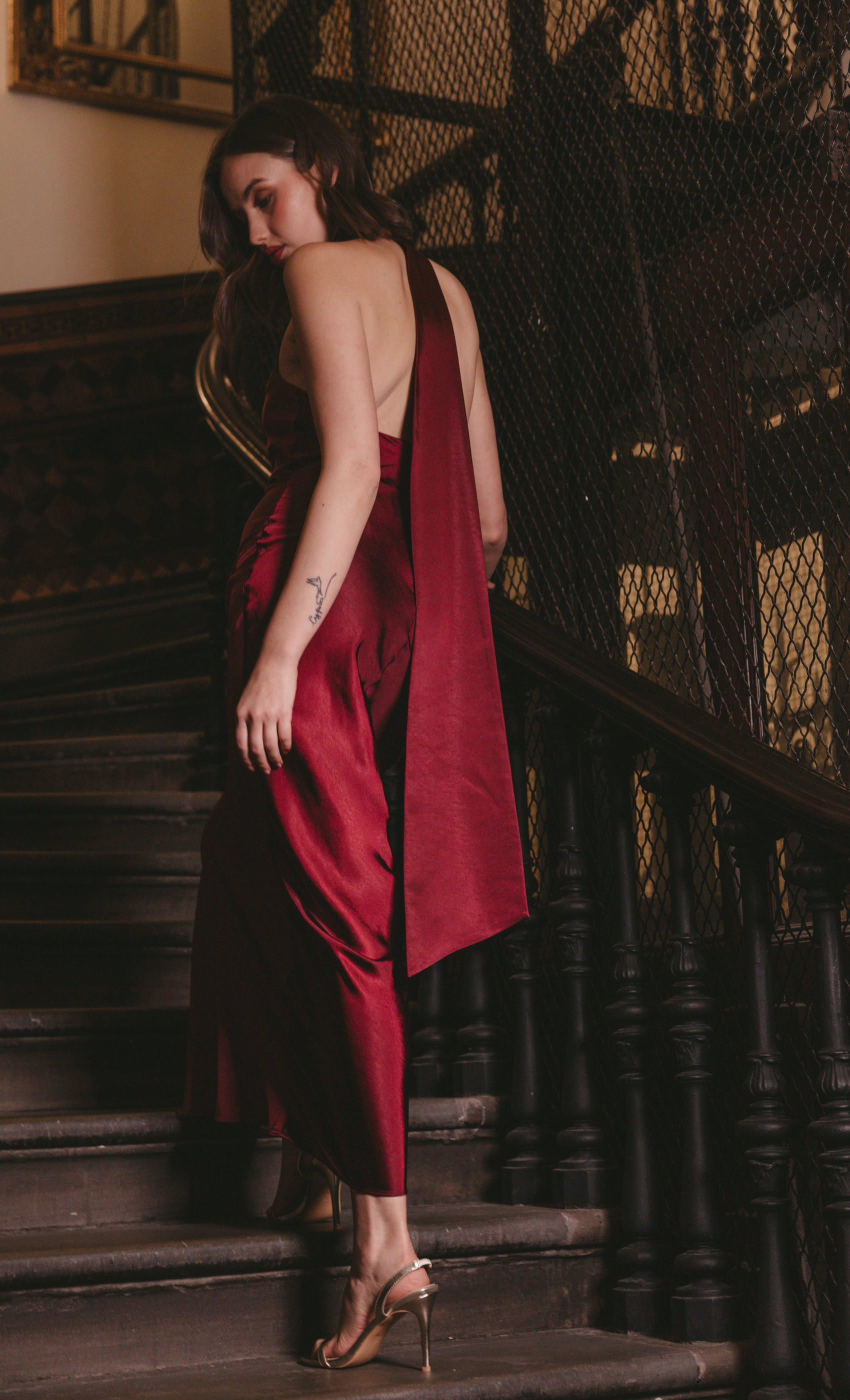 Wine Halter Neck Satin Maxi Dress