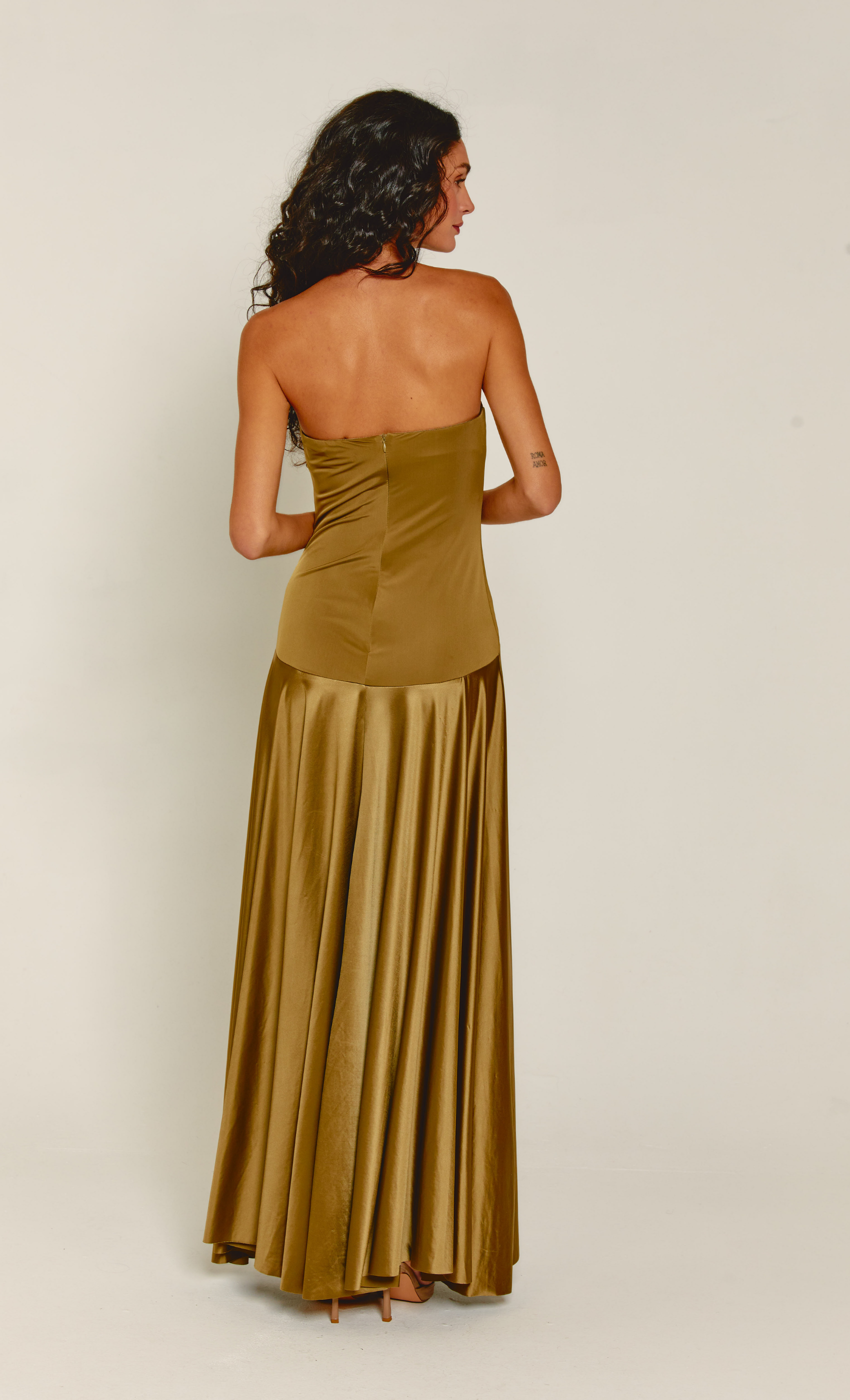 Olive Curved Drop Waist Bandeau Maxi Dress