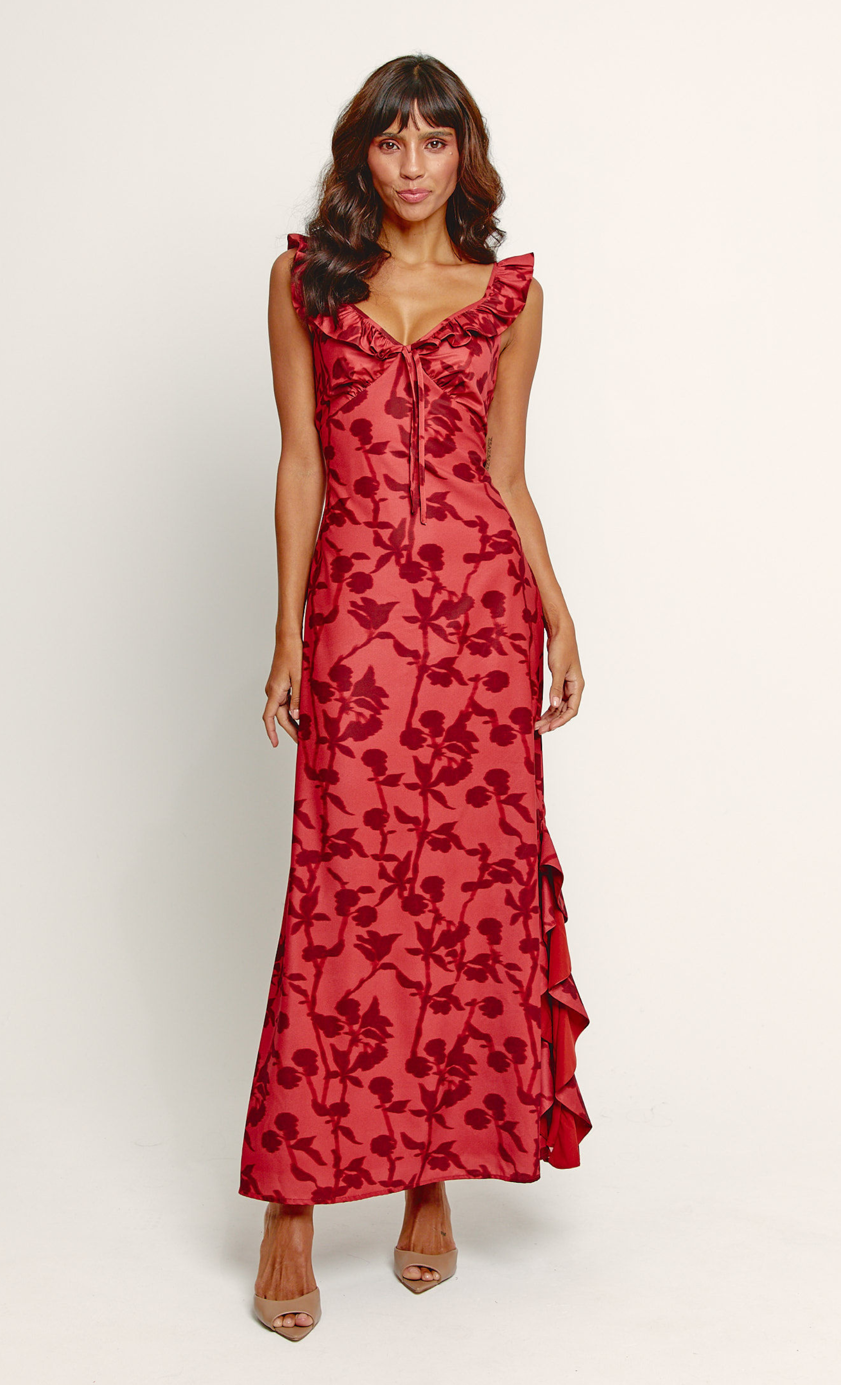 Red Ruffle Side Split Maxi Dress