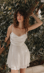 White Sequin Tie Back Mini Dress