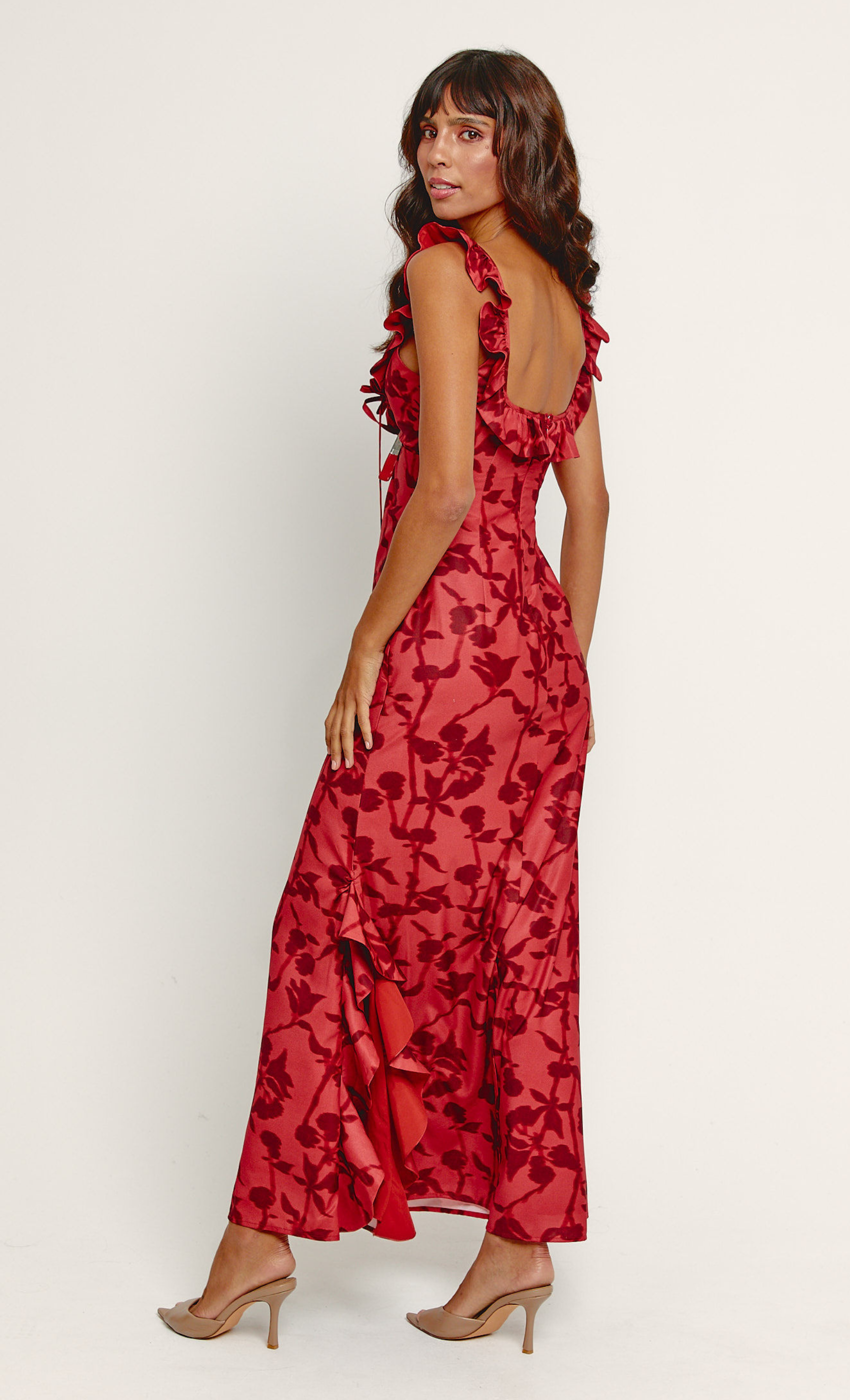 Red Ruffle Side Split Maxi Dress