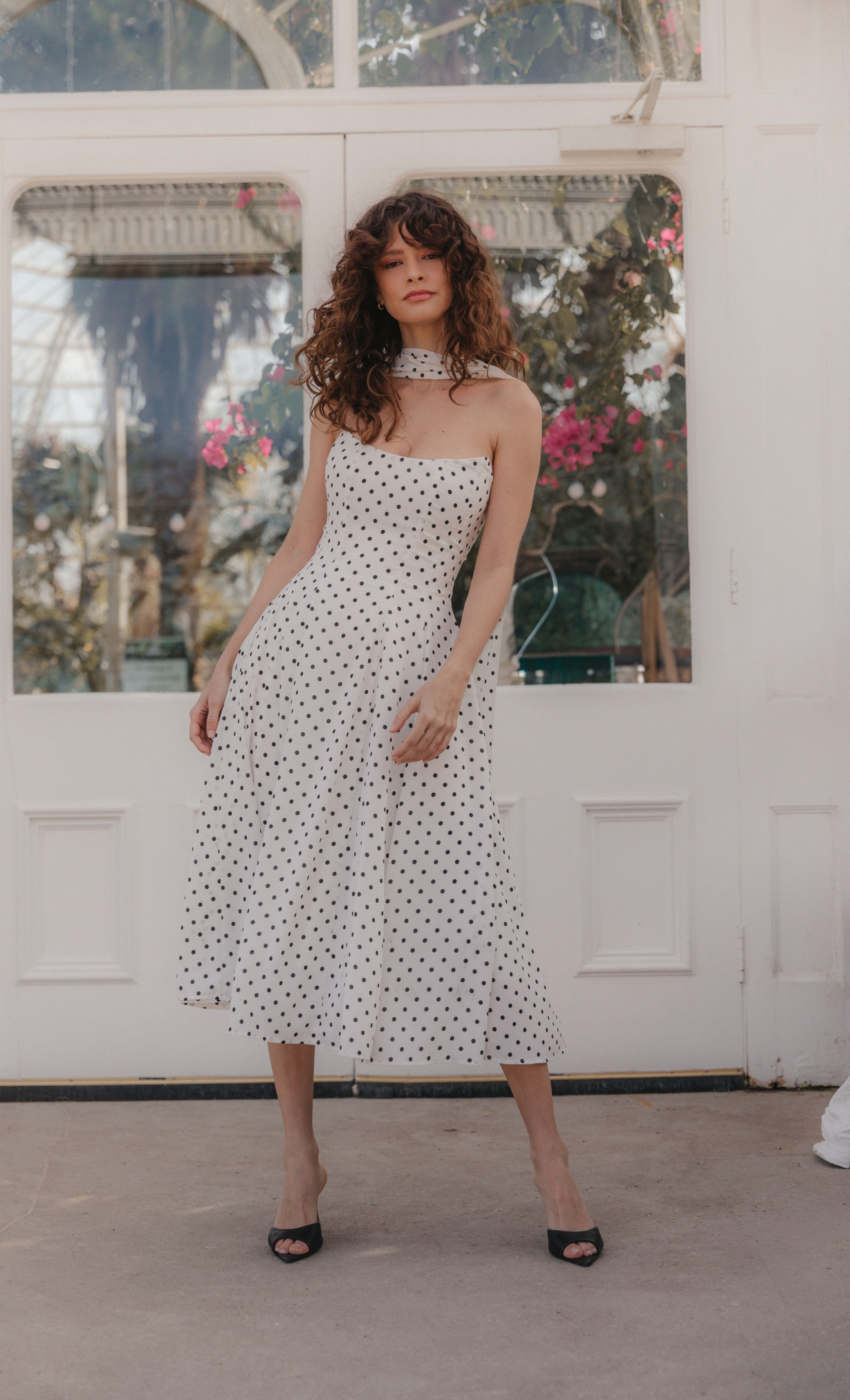 White Polka Dot Scarf Midi Dress