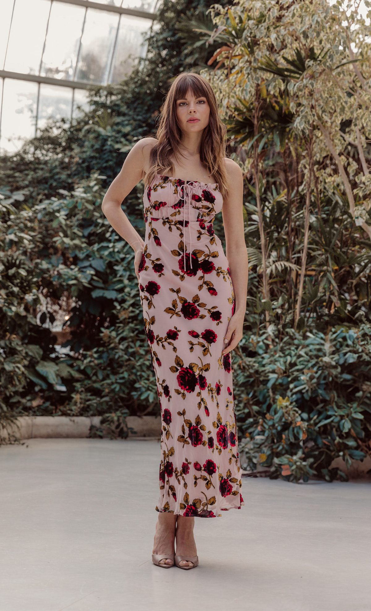 Pink Floral Devore Drawstring Maxi Dress