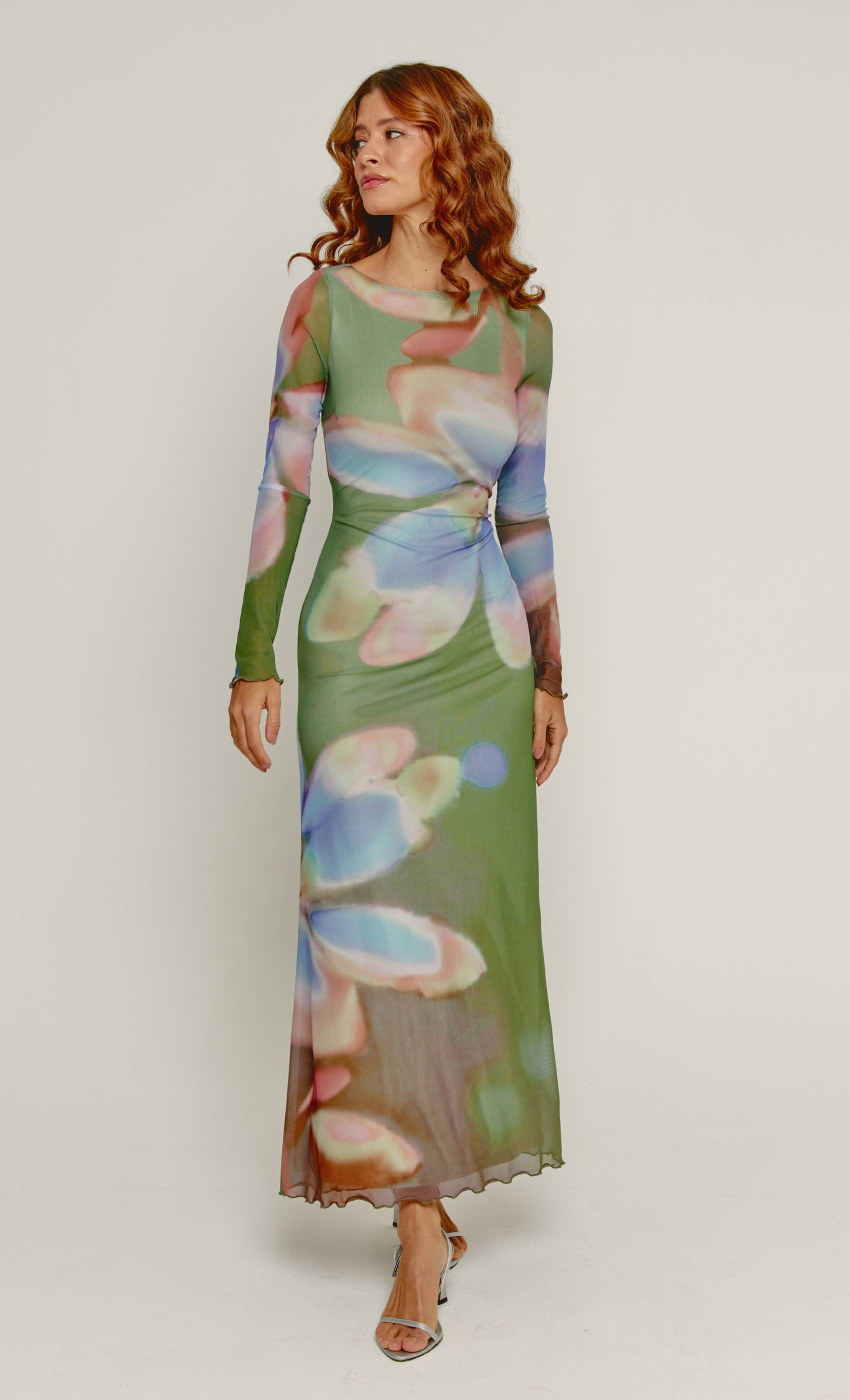 Olive Floral Mesh Long Sleeve Maxi Dress