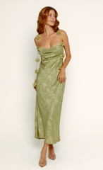 Olive Petal Strap Satin Jacquard Maxi Dress