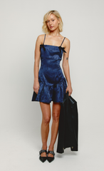 Navy Jacquard Velvet Bow Mini Dress