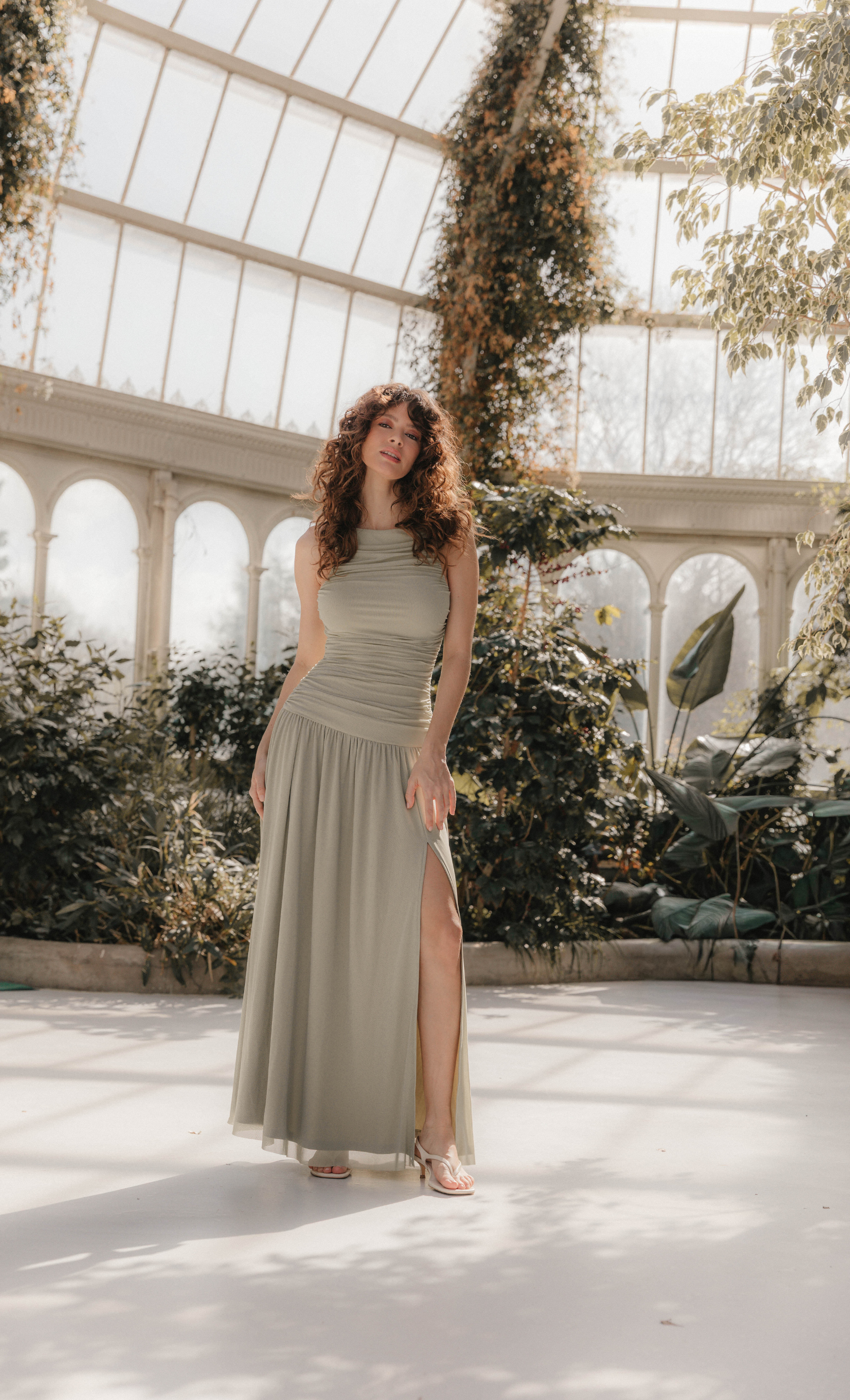 Sage Drop Waist Side Split Mesh Maxi Dress