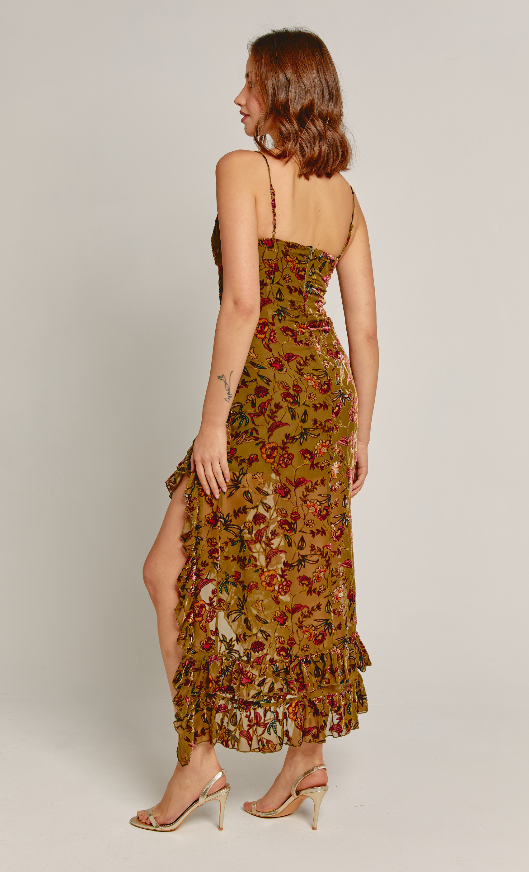 Olive Asymmetric Devore Maxi Dress