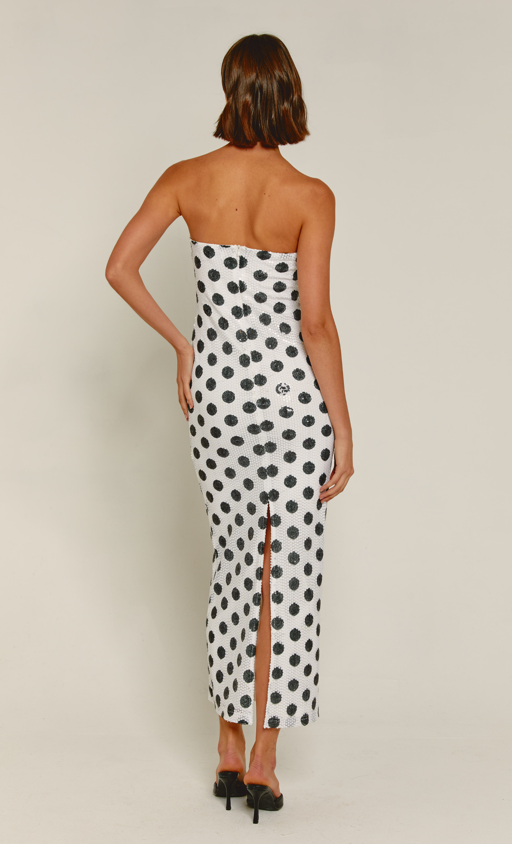 White Polka Dot Sequin Bandeau Maxi Dress