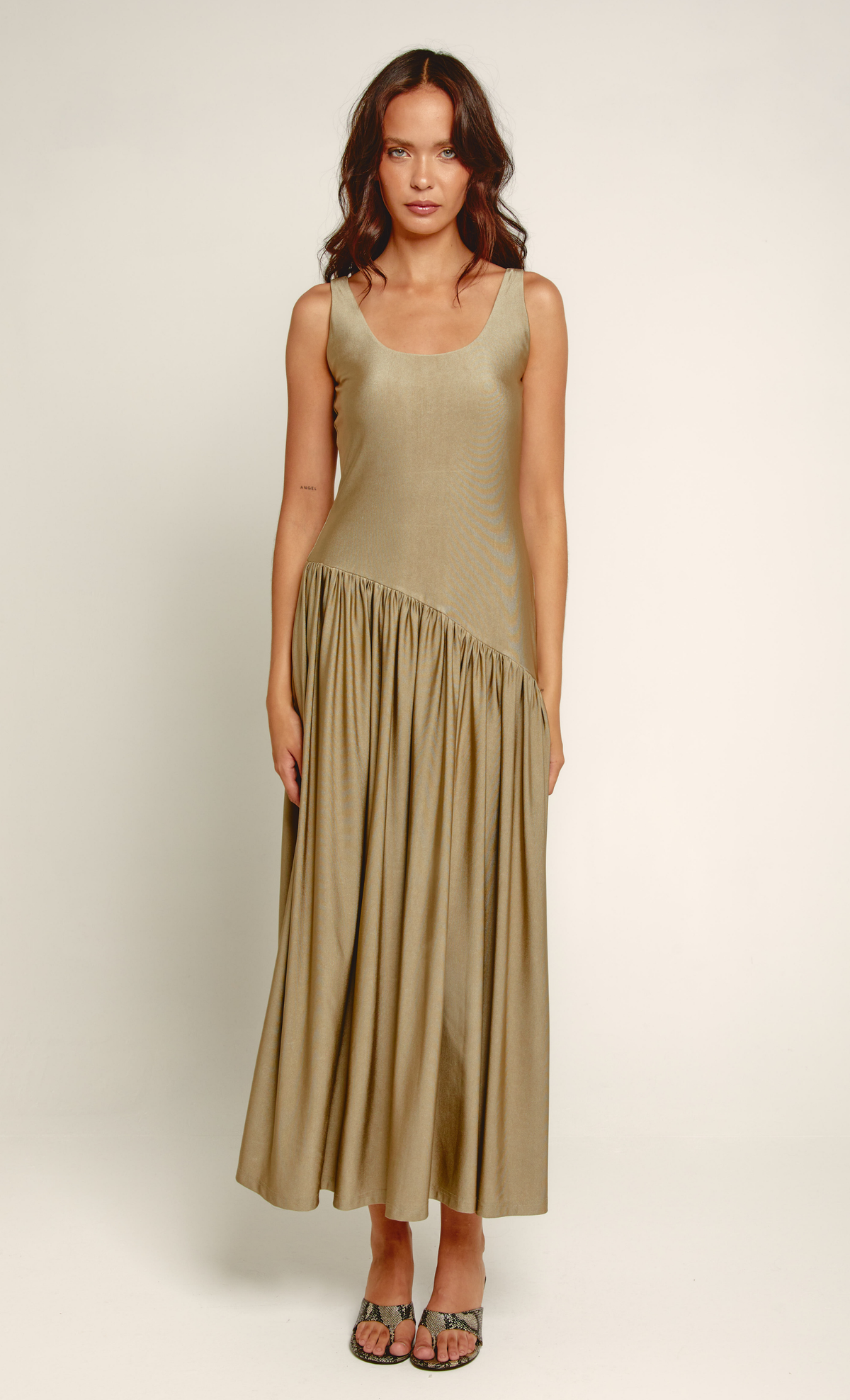 Olive Asymmetric Waist Detail Maxi Dress