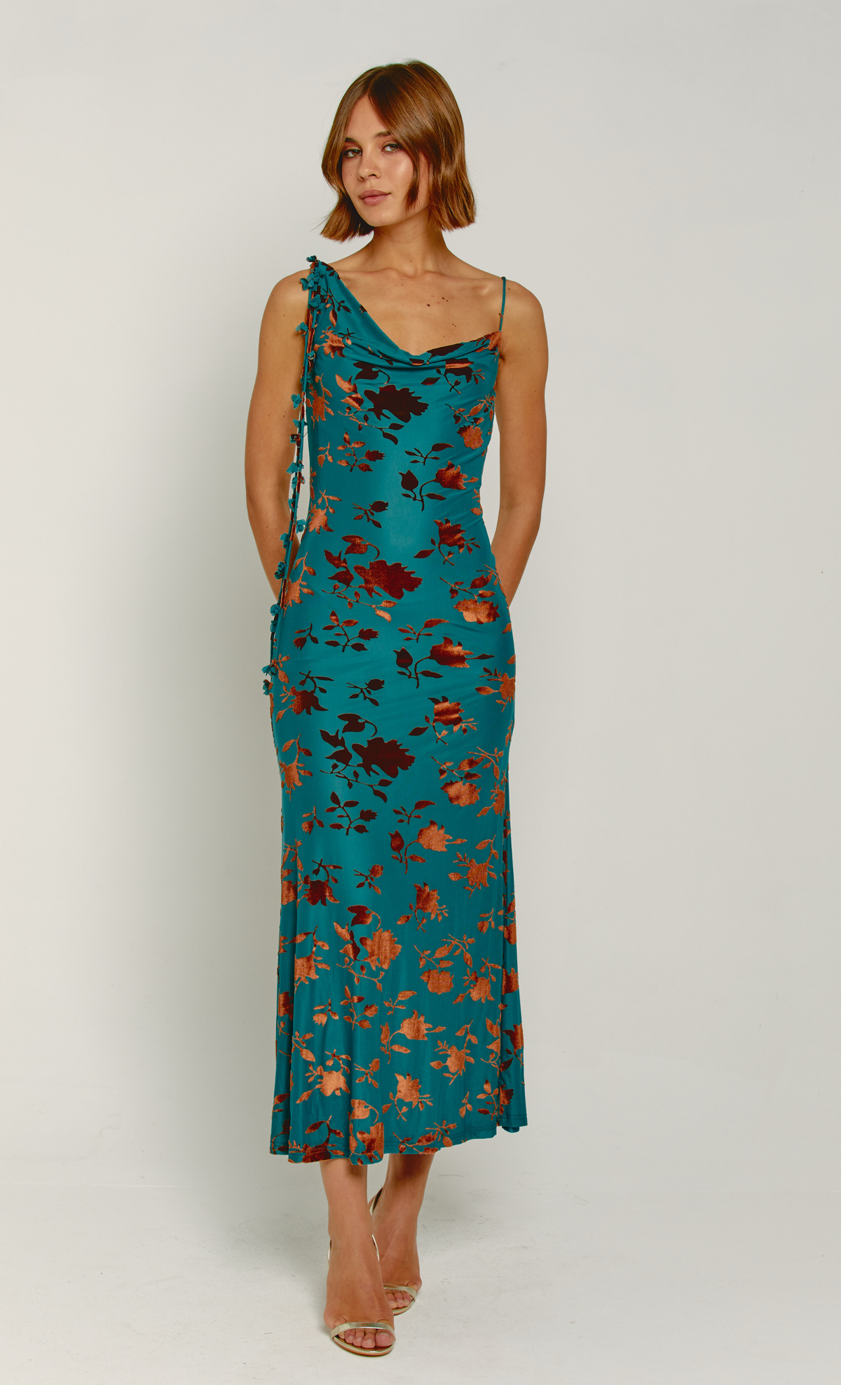 Teal Burnt Devore Asymmetric Maxi Dress