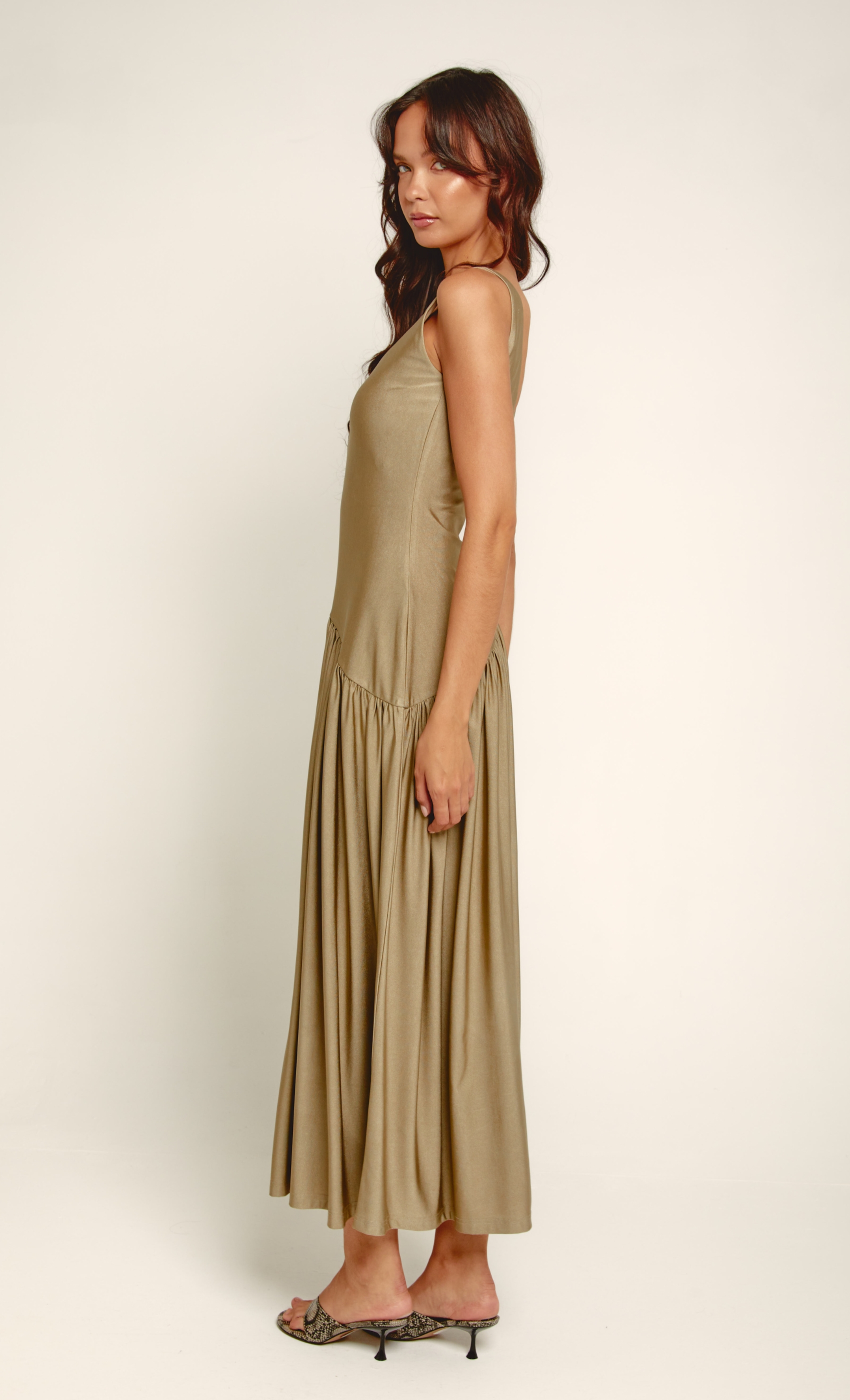 Olive Asymmetric Waist Detail Maxi Dress