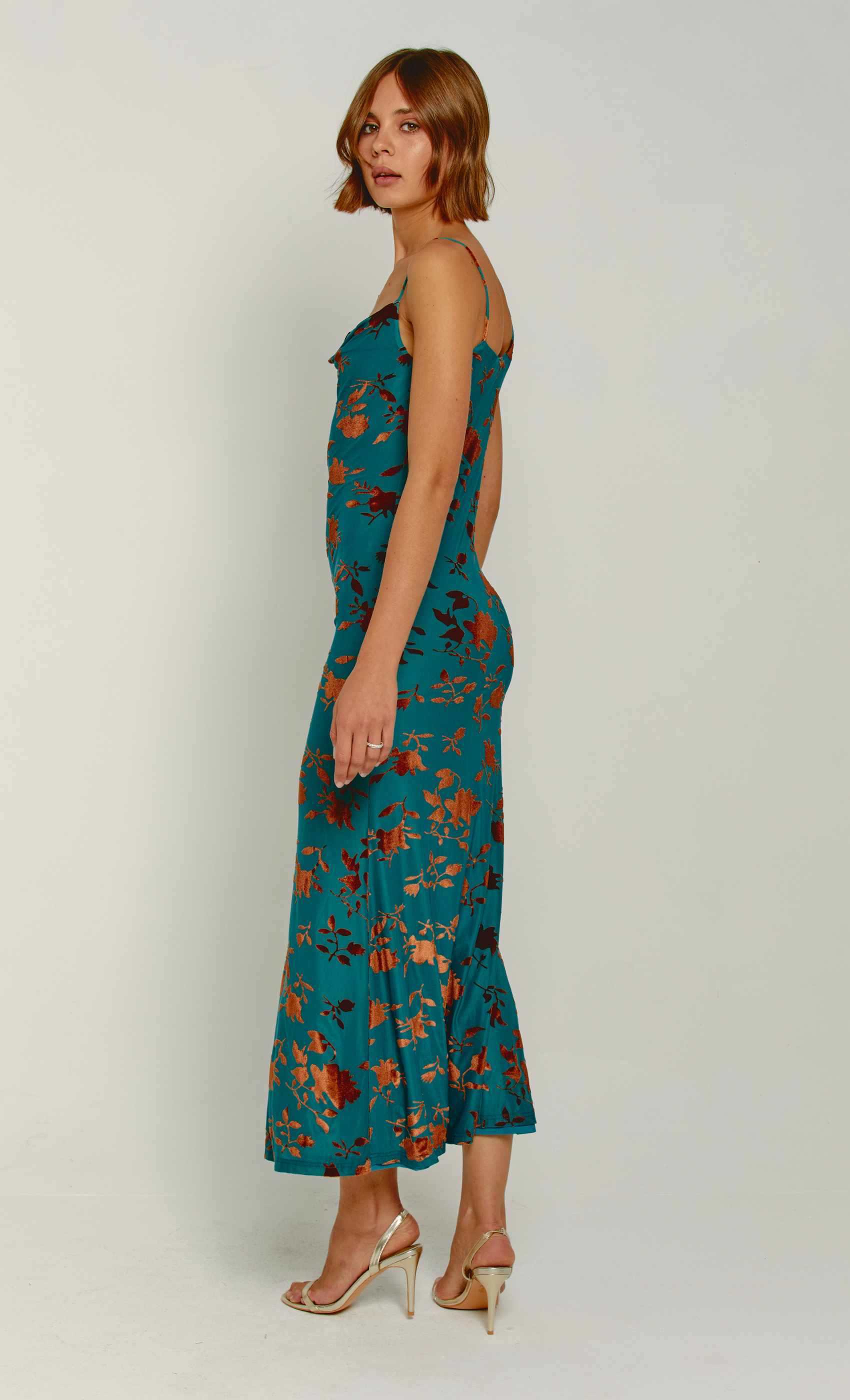Teal Burnt Devore Asymmetric Maxi Dress