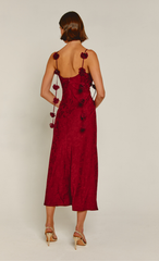 Wine Petal Strap Satin Jacquard Maxi Dress