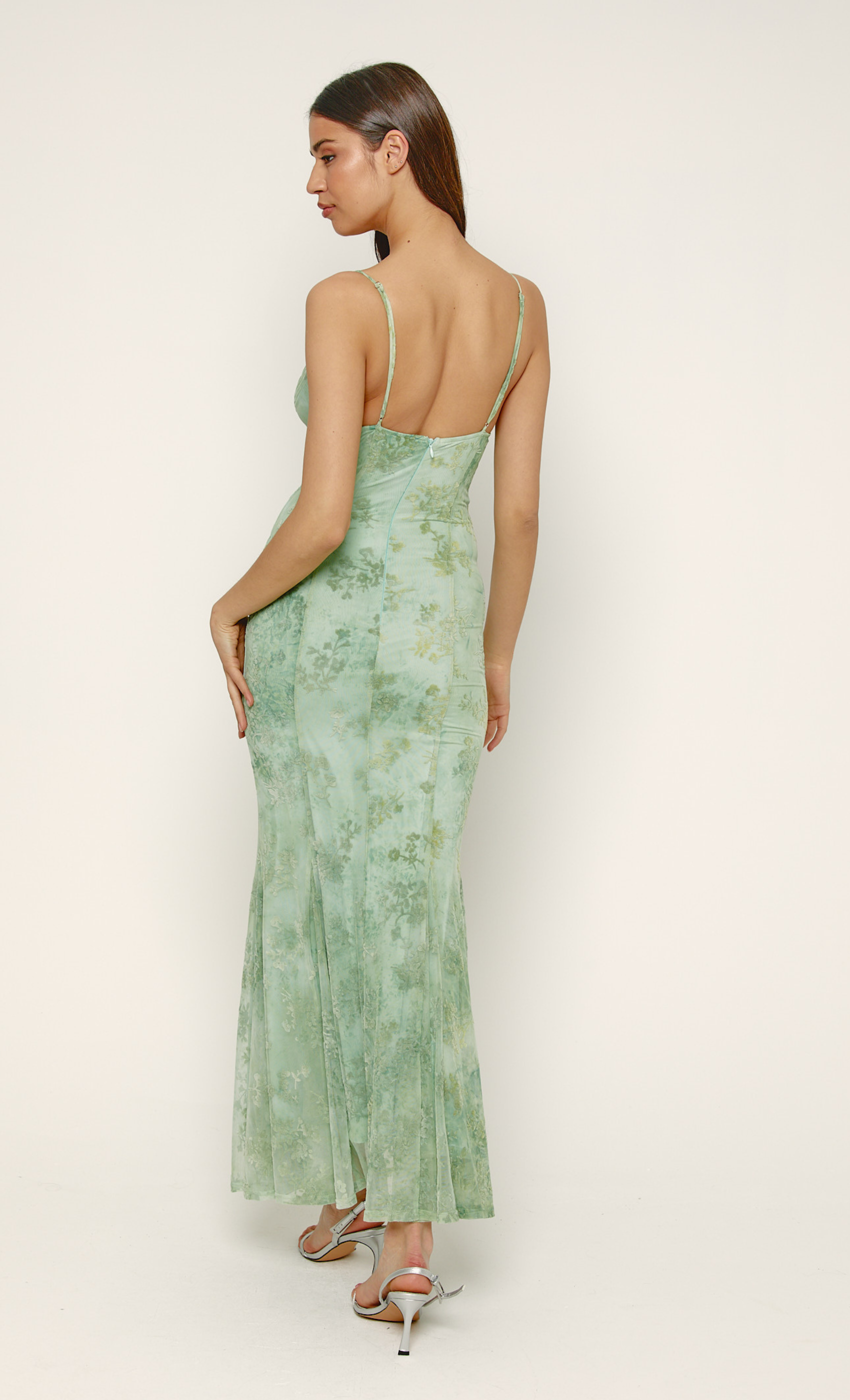 Spring Green Floral Burnout Godet Maxi Dress