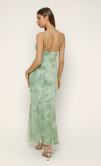 Spring Green Floral Burnout Godet Maxi Dress