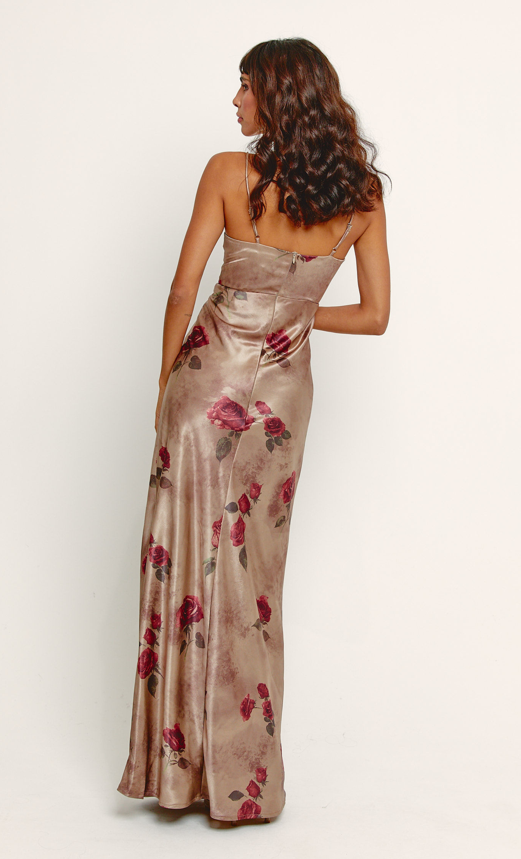 Taupe Floral Satin Drawstring Maxi Dress