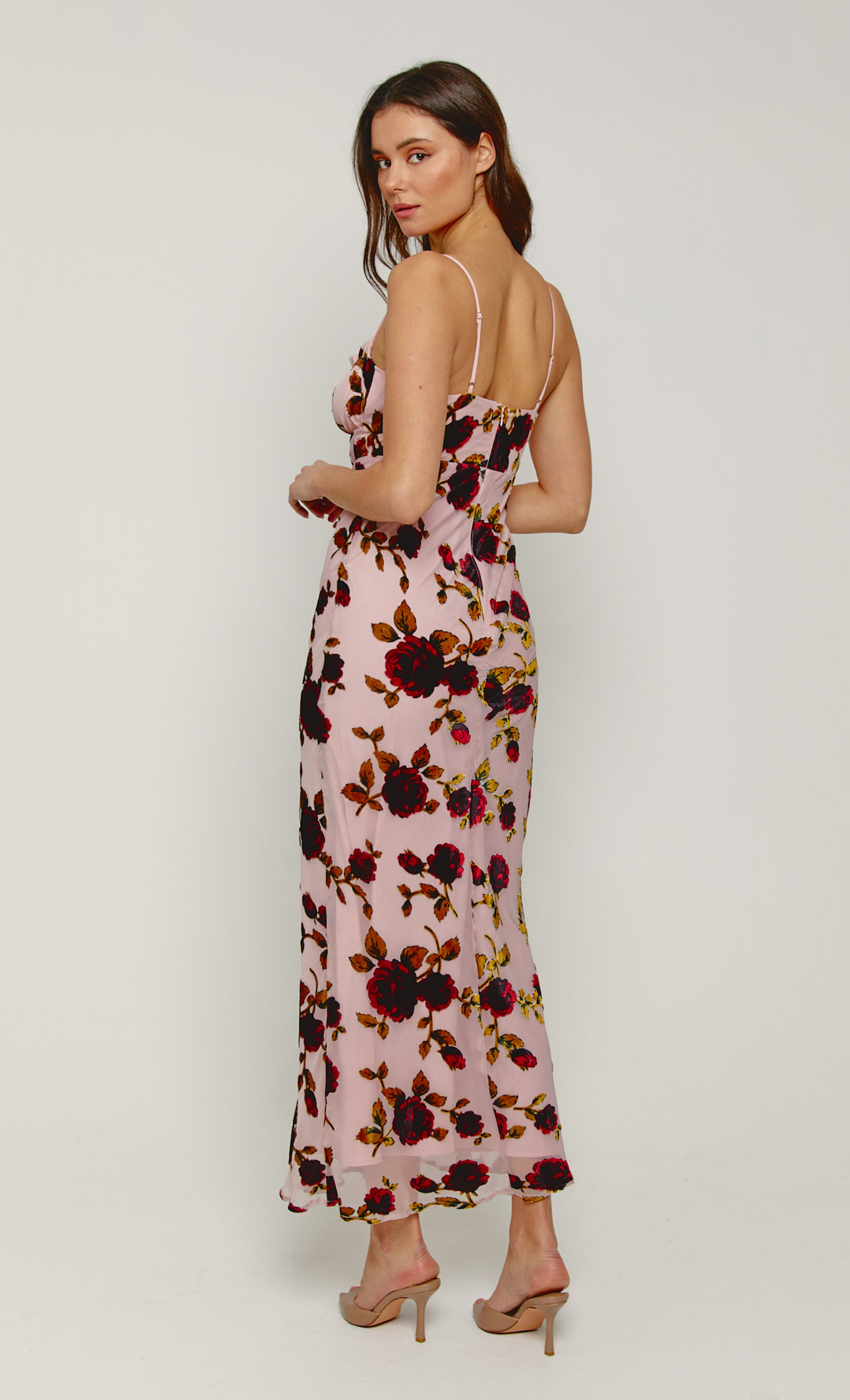 Pink Floral Devore Drawstring Maxi Dress