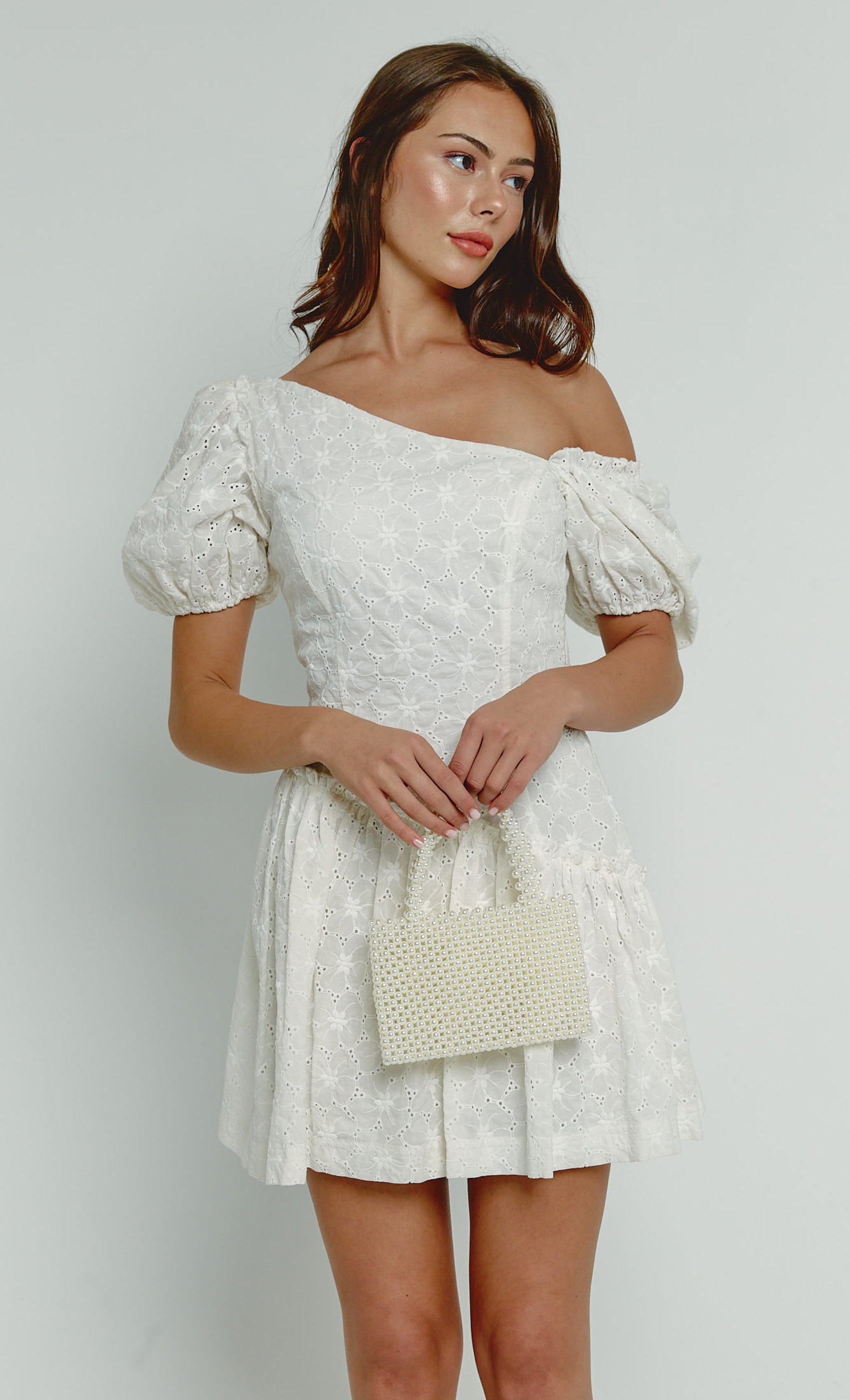 White Broderie Puff Sleeve Mini Dress