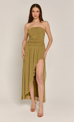 Olive Mesh Bandeau Side Split Maxi Dress