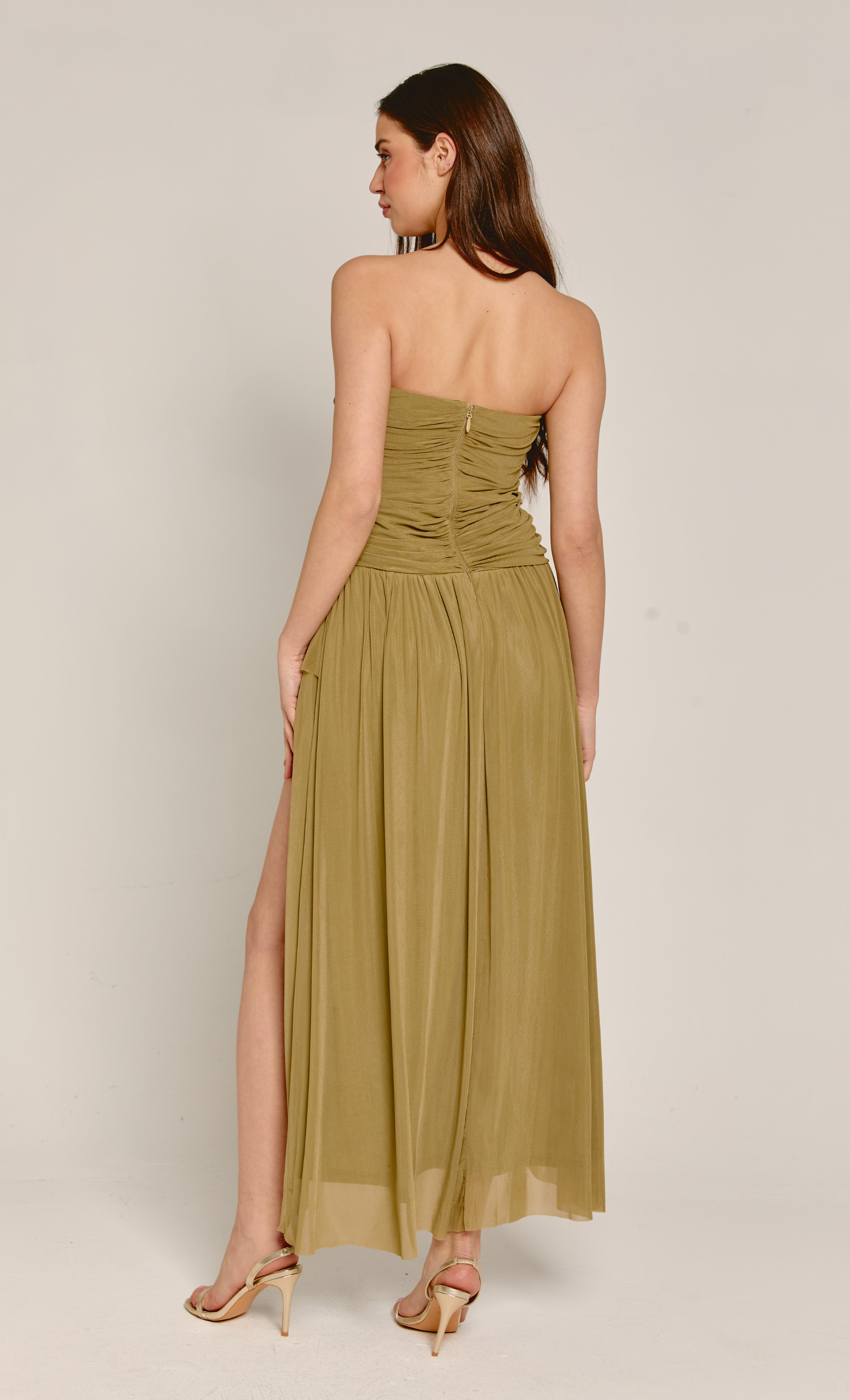Olive Mesh Bandeau Side Split Maxi Dress