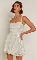 White Sequin Tie Back Mini Dress