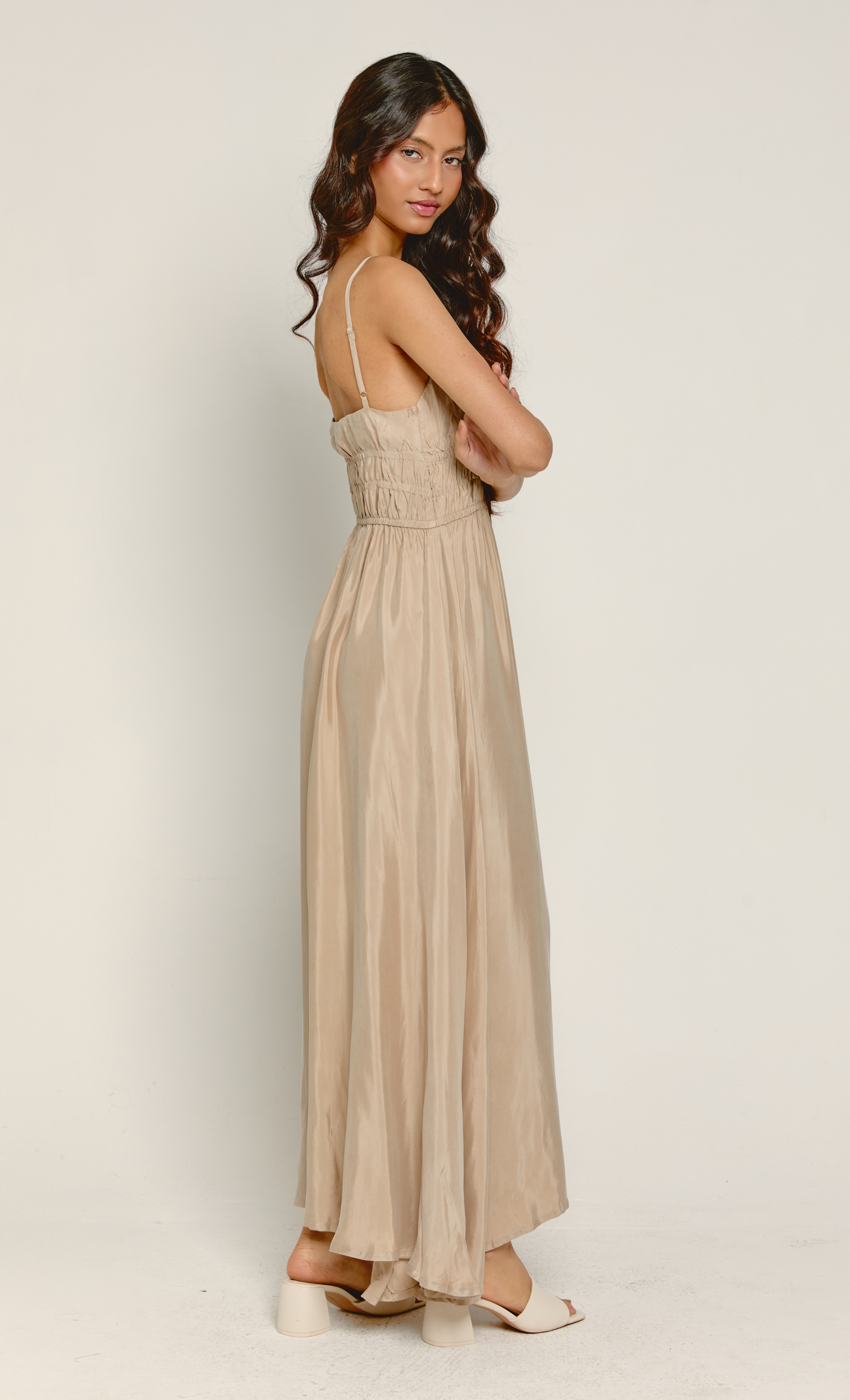 Taupe Ruched Waist Maxi Dress