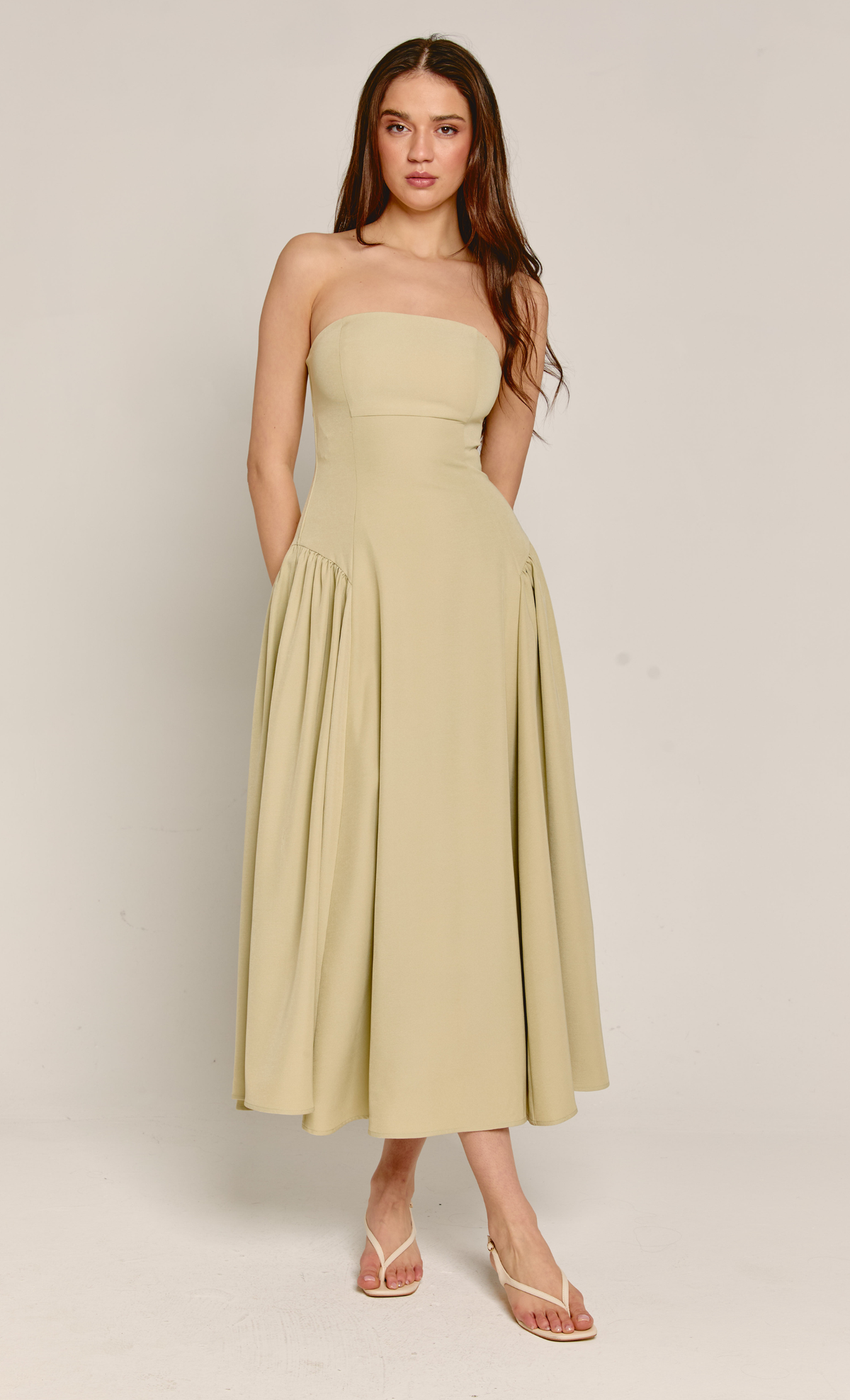 Olive Bandeau Hip Gathered Midi Dress