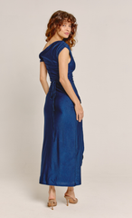 Navy Fallen Shoulder Thigh Slit Maxi Dress