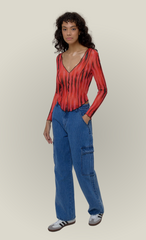 Red Mesh Print Top