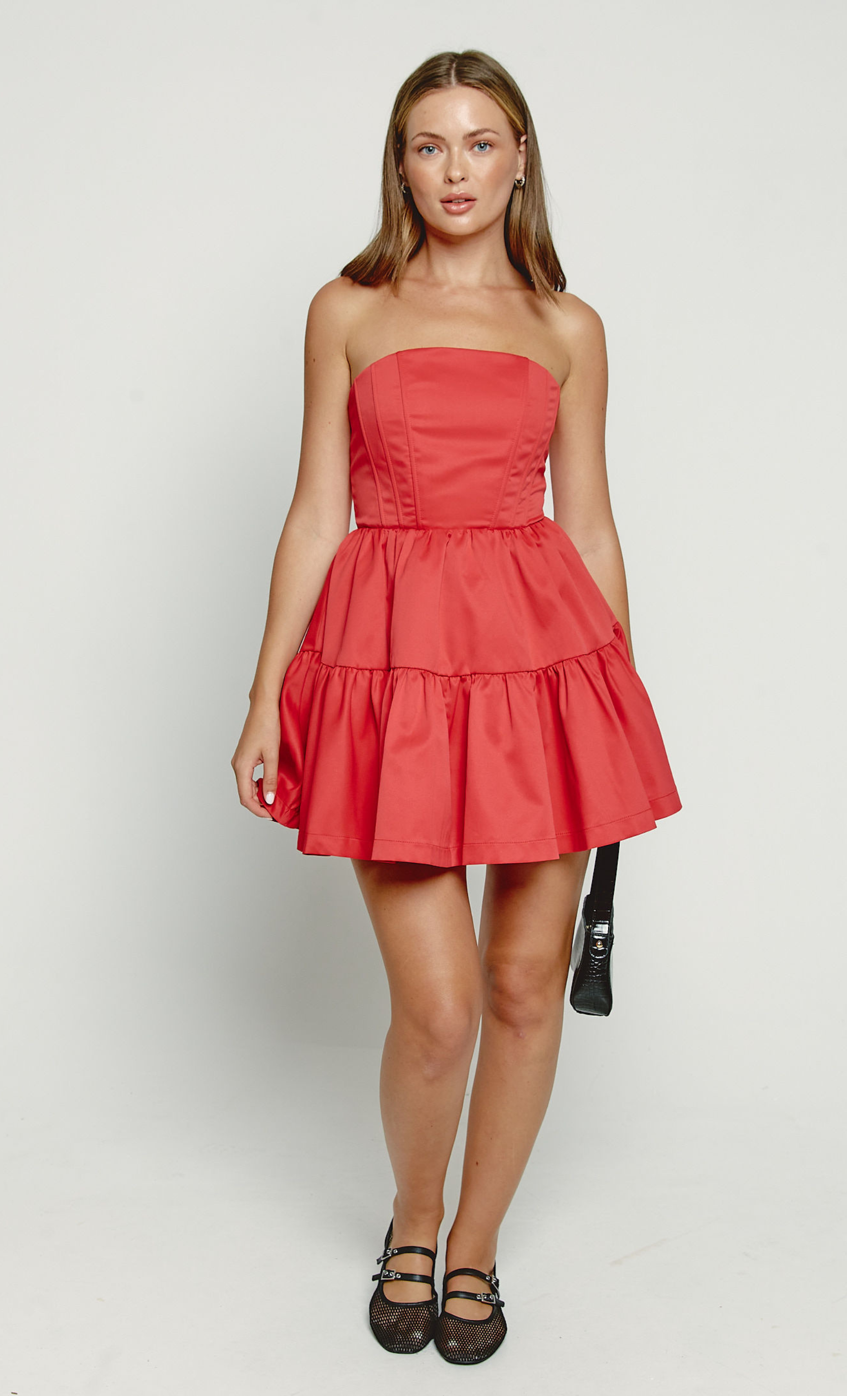 Red Bandeau Tiered Mini Dress