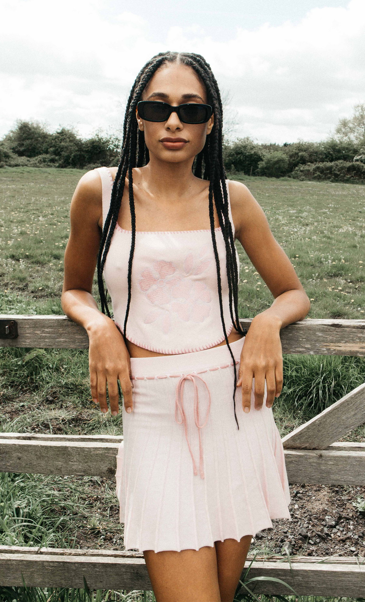 Pink Knit Pleated Mini Skirt with Drawstring Detail