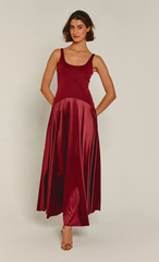 Wine Curved Drop Waist Maxi Dress