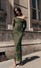 Olive Fallen Shoulder Burnout Maxi Dress