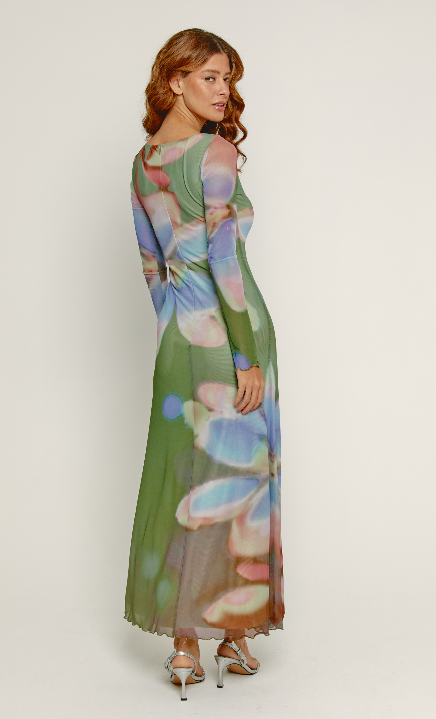 Olive Floral Mesh Long Sleeve Maxi Dress