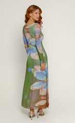 Olive Floral Mesh Long Sleeve Maxi Dress